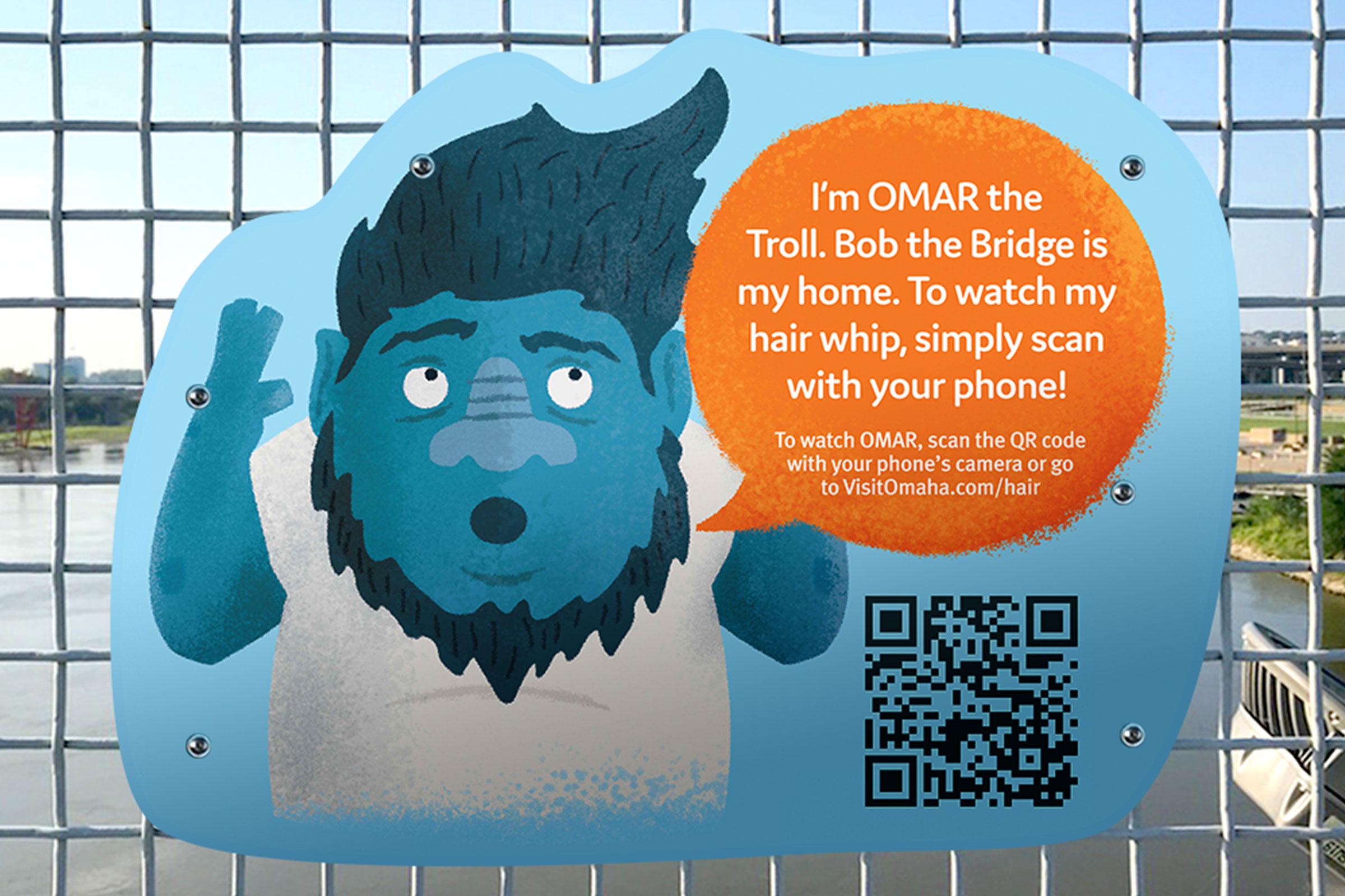 Omar the Troll scannable QR sign on bridge
